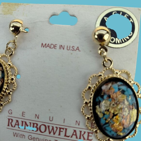 Rainbowflake Earrings Gold Flakes Turquoise Wyoming USA 18KT Posts - Picture 4 of 7